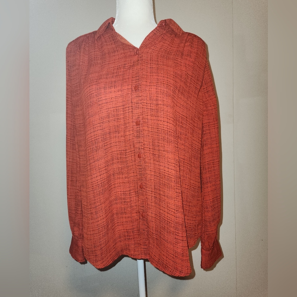 Worthington Bright Red With Black Pattern Button Down Blouse Medium M NWOT